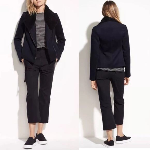 Vince Shearling Collar Double Faced Wool Jacket Size Small Motorcycle Rocker - Picture 1 of 11